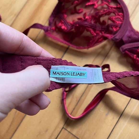 Vtg Maison Lejaby Burgundy Lace Floral Sheer Balconette Bra 34B - Picture 2 of 6